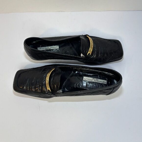 Armando Pollini Design Italian Embossed Leather Penny Loafer Womens Black Gold - Picture 7 of 8